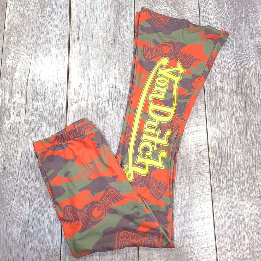 Von Dutch Flare Leggings Women Large Orange Camo Flying Eyeball Y2K Bell Bottoms